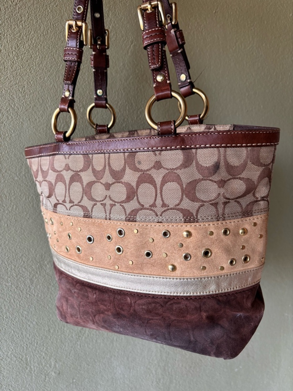 Coach Brown and Gold Signature Canvas Tote with Grommet Trim - Picture 4 of 7